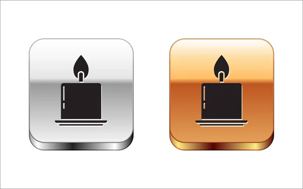 Black Burning candle in candlestick icon isolated on white background. Cylindrical candle stick with burning flame. Silver-gold square button. Vector Illustration — Stock Vector