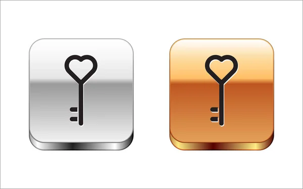 Fekete kulcs szív alakú ikon elszigetelt fehér háttérrel. Valentin nap. Ezüst-arany négyzet gomb. Vektorillusztráció — Stock Vector