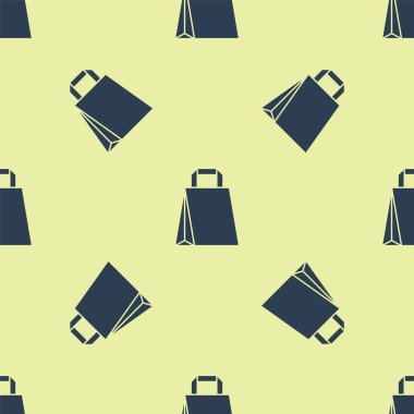Mavi Kağıt alışveriş torbası ikonu sarı arka planda izole edilmiş pürüzsüz desen. Paket işareti. Vektör İllüstrasyonu
