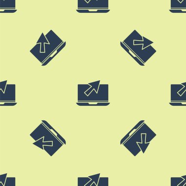 Mavi dizüstü bilgisayar ve imleç simgesi sarı arkaplanda izole edilmiş pürüzsüz desen. Boş ekran işaretli bilgisayar defteri. Vektör İllüstrasyonu