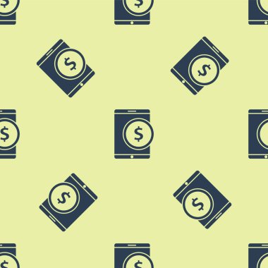 Dolar sembolü simgesi olan mavi tablet sarı arka planda kusursuz desen izole etti. İnternetten alışveriş konsepti. Finansal cep telefonu. Çevrimiçi ödeme. Vektör İllüstrasyonu