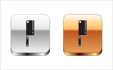 Siyah Et Helikopteri simgesi beyaz arkaplanda izole edildi. Et için mutfak bıçağı. Kasap bıçağı. Gümüş-altın kare düğme. Vektör İllüstrasyonu