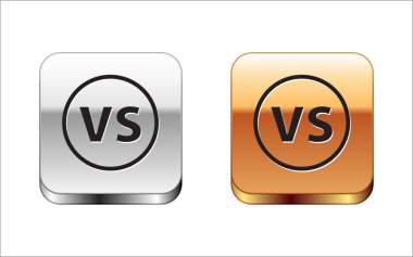 Siyah ve savaş ikonu beyaz arka planda izole edilmiş. Yarışma maça karşı, savaş spora karşı. Gümüş-altın kare düğme. Vektör İllüstrasyonu