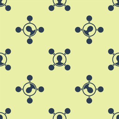 Mavi Paylaşım simgesi sarı arkaplandaki kusursuz deseni izole etti. Paylaşma, iletişim piktogramı, sosyal medya, bağlantı, ağ, dağıtım. Vektör İllüstrasyonu