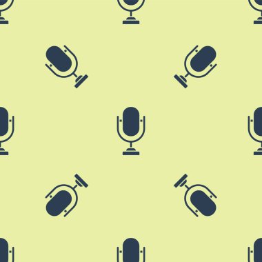 Mavi Mikrofon simgesi sarı arkaplandaki kusursuz deseni izole etti. Radyodaki mikrofondan. Sözcü işareti. Vektör İllüstrasyonu