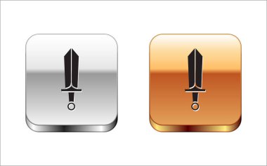 Beyaz arkaplanda izole edilmiş oyun simgesi için Siyah Kılıç. Gümüş-altın kare düğme. Vektör İllüstrasyonu