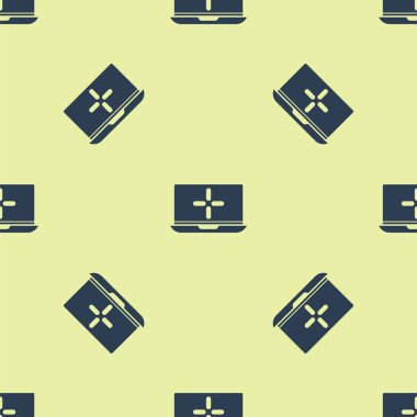 Mavi dizüstü bilgisayar simgesi sarı arkaplandaki kusursuz deseni izole etti. Boş ekran işaretli bilgisayar defteri. Vektör İllüstrasyonu