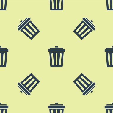 Mavi Çöp kutusu simgesi sarı arkaplandaki kusursuz deseni izole etti. Çöp kutusu tabelası. Sepet simgesini geri dönüştür. Ofis çöpü ikonu. Vektör İllüstrasyonu