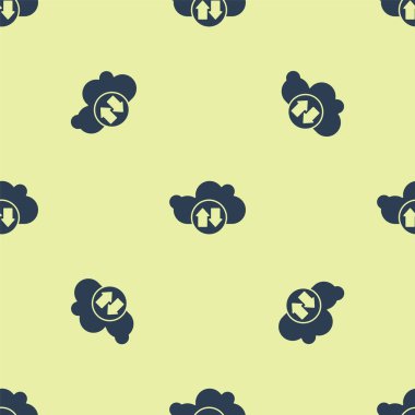 Mavi Bulut indirme ve yükleme simgesi sarı arkaplanda izole edilmiş, pürüzsüz desen. Vektör İllüstrasyonu