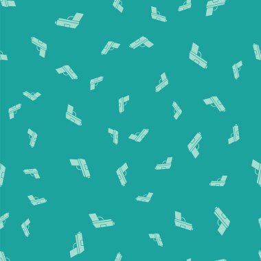 Yeşil Tabanca ya da silah ikonu yeşil arka planda izole edilmiş pürüzsüz desen. Polis ya da askeri silah. Küçük ateşli silah. Vektör İllüstrasyonu