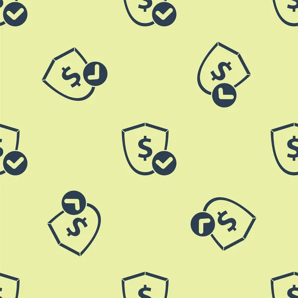 Blå Skjold med dollarsymbol ikon isoleret sømløst mønster på gul baggrund. Beskyttelsen af skjoldet. Penge sikkerhedskoncept. Illustration af vektor – Stock-vektor