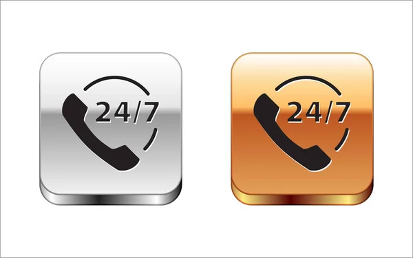 Czarny telefon 24 godziny wsparcia ikony izolowane na białym tle. Całodniowy call-center obsługi klienta. Pełny etat. Srebrno-złoty przycisk. Ilustracja wektora — Wektor stockowy
