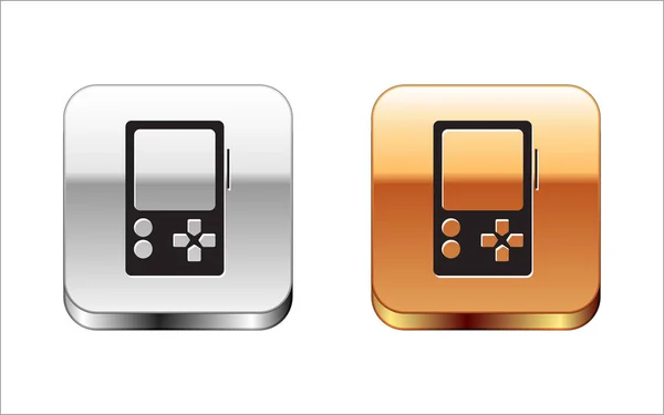Fekete hordozható videojáték konzol ikon elszigetelt fehér alapon. Gamepad jel. Játékkoncepció. Ezüst-arany négyzet gomb. Vektorillusztráció — Stock Vector