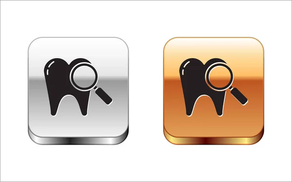 Černá ikona Zubní vyhledávání izolované na bílém pozadí. Zubní symbol pro zubní kliniku nebo zubní ordinaci. Zlatý knoflík. Vektorová ilustrace — Stockový vektor