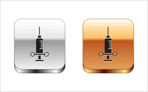 Seringue dentaire noire avec icône aiguille isolée sur fond blanc. Bouton carré argent-or. Illustration vectorielle — Image vectorielle