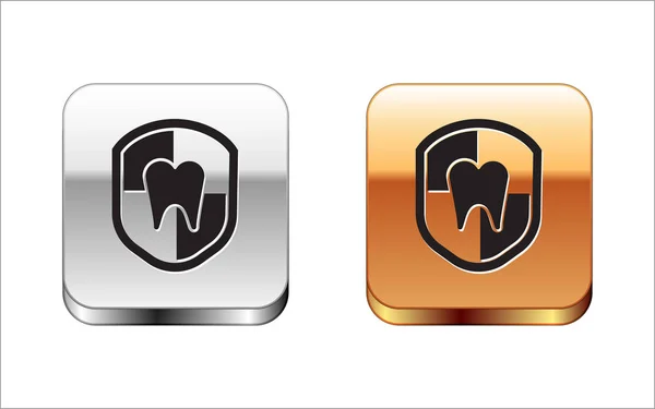 Černá ikona dentální ochrany izolovaná na bílém pozadí. Zub na štítovém logu. Zlatý knoflík. Vektorová ilustrace — Stockový vektor