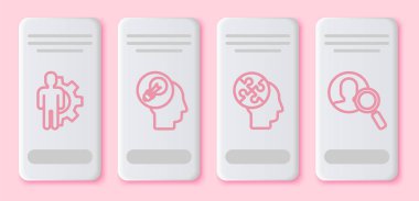 İçinde teçhizat olan insan hattı, lambalı insan kafası, insan kafası bulmaca stratejisi ve insanları aramak için büyüteç. Beyaz dikdörtgen düğme. Vektör