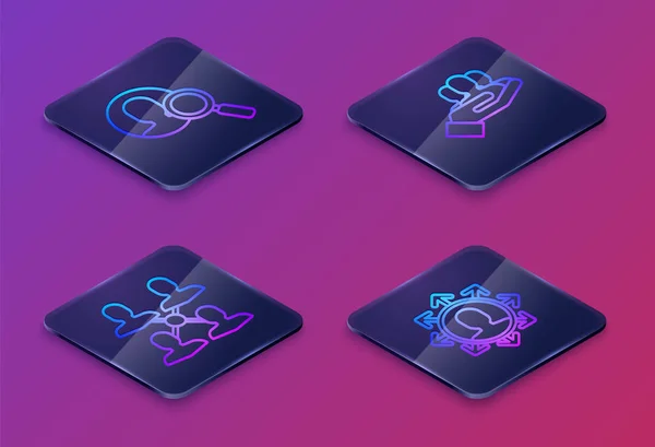 Set Isometric line Magnifying glass for search a people, Project team base, Project team base and Project team base. Blue square button. Vector — 스톡 벡터