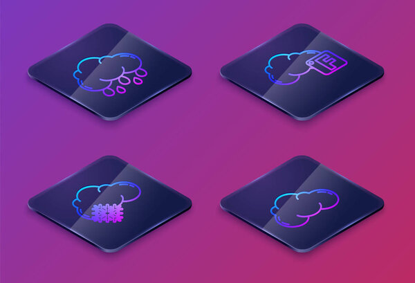 Set Isometric line Cloud with rain, Cloud with snow, Fahrenheit and cloud and Cloud. Blue square button. Vector