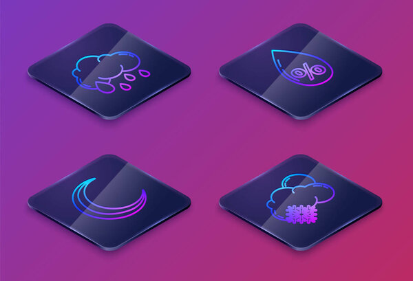 Set Isometric line Cloud with rain, Moon and stars, Water drop percentage and Cloud with snow and sun. Blue square button. Vector