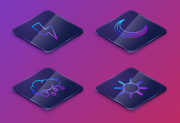 Set Isometric line Lightning bolt, Cloud with rain, Moon and stars and Sun. Blue square button. Vector