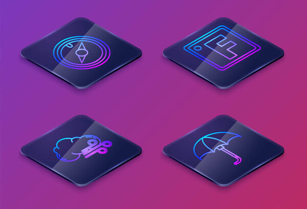 Set Isometric line Wind rose, Windy weather, Fahrenheit and Classic elegant opened umbrella. Blue square button. Vector