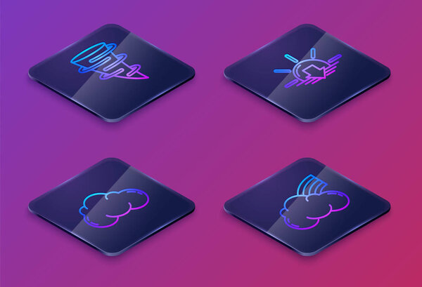 Set Isometric line Tornado, Cloud, Sunset and Rainbow with clouds. Blue square button. Vector