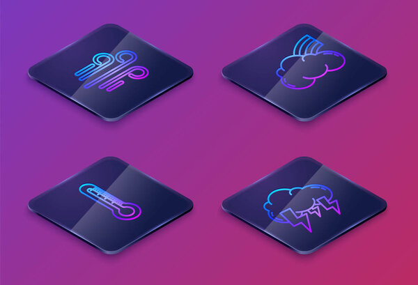 Set Isometric line Wind, Thermometer, Rainbow with clouds and Storm. Blue square button. Vector