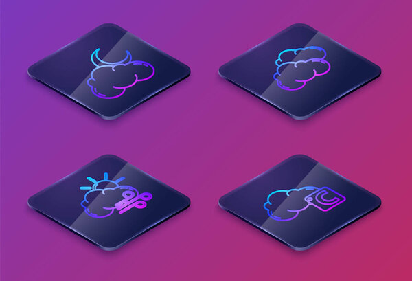 Set Isometric line Cloud with moon and stars, Windy weather, Cloud and Celsius and cloud. Blue square button. Vector