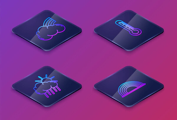 Set Isometric line Rainbow with clouds, Cloud with rain and sun, Thermometer and Rainbow with clouds. Blue square button. Vector