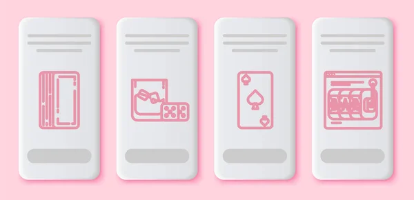 Set line Deck of playing cards, Juego de dados y vaso de whisky con cubitos de hielo, Jugar a las cartas con el símbolo de espadas y en línea de la máquina tragaperras. Botón rectángulo blanco. Vector — Vector de stock