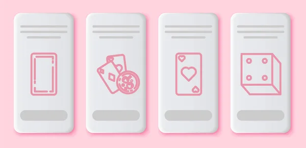 Set line Playing card back, Playing cards and glass of whiskey with ice cubes, Playing card with heart symbol and Game dice. White rectangle button. Vector