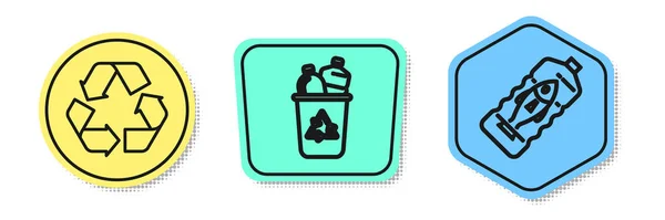 Setzen Linie Recycling-Symbol, Recycling-Tonne mit Recycling-Symbol und stoppen Ozean Plastikverschmutzung. farbige Formen. Vektor — Stockvektor