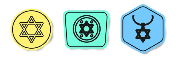 Set line Star of David, Jewish coin and Star of David necklace on chain. Colored shapes. Vector — 스톡 벡터