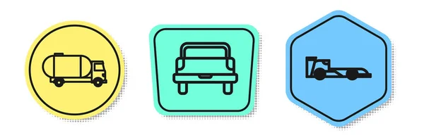 Set line φορτηγό βυτιοφόρο, pickup φορτηγό και Φόρμουλα αγωνιστικό αυτοκίνητο. Χρωματιστά σχήματα. Διάνυσμα — Διανυσματικό Αρχείο