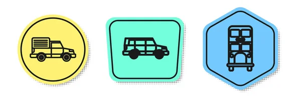 Hattı kurun, kargo kamyonu aracı, off road car ve Double Decker otobüsü. Renkli şekiller. Vektör — Stok Vektör