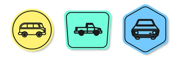 Nastavte linku Retro minivan, pick-up truck a auto. Barevné tvary. Vektor — Stockový vektor