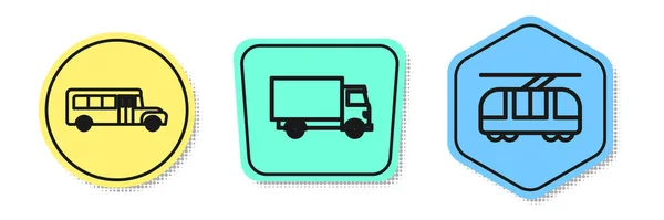 Definir linha de ônibus escolar, veículo de caminhão de carga de entrega e bonde e ferrovia. Formas coloridas. Vetor —  Vetores de Stock