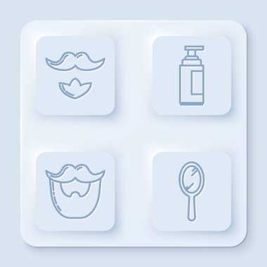 Bıyık ve sakal, krem ya da losyon kozmetik tüpü, bıyık, sakal ve el aynası. Beyaz kare düğme. Vektör