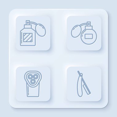 Tıraş losyonu, tıraş losyonu, elektrikli saç makası, traş makinesi ve ustura. Beyaz kare düğme. Vektör