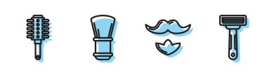 Bıyık, sakal, saç fırçası, tıraş fırçası ve tıraş bıçağı ikonu. Vektör