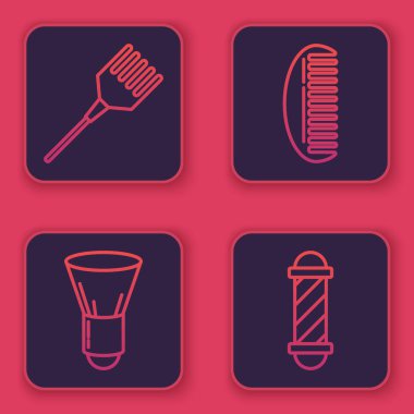 Saç fırçası, tıraş fırçası, saç fırçası ve klasik berber dükkânı direği. Mavi kare düğme. Vektör