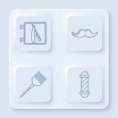 Traş bıçağı, bıyık, saç fırçası ve klasik berber dükkânı direği olan bir berber dükkanı ayarla. Beyaz kare düğme. Vektör