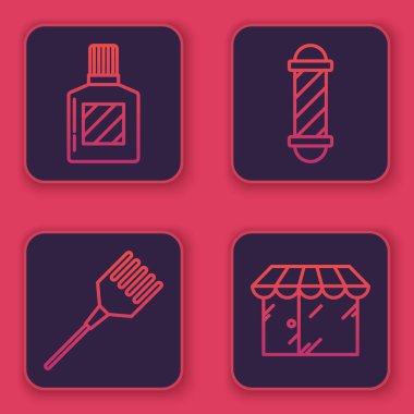 Set hattı traş losyonu, saç fırçası, klasik berber dükkanı direği ve berber dükkanı binası. Mavi kare düğme. Vektör