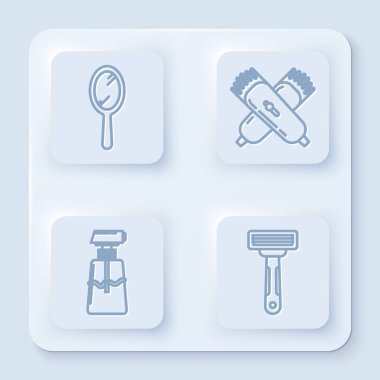 Çizgili el aynası, çapraz elektrikli saç kesme makinesi, tıraş makinesi, krem veya losyon kozmetik tüp ve tıraş bıçağı. Beyaz kare düğme. Vektör