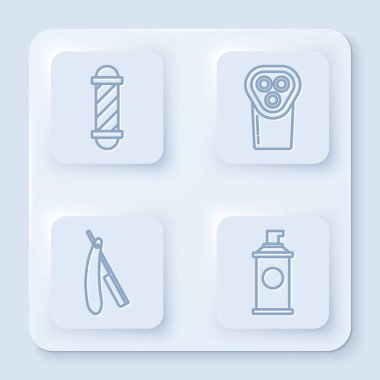 Klasik berber dükkanı direği, elektrikli saç makası ya da traş makinesi, jilet ve tıraş jölesi. Beyaz kare düğme. Vektör