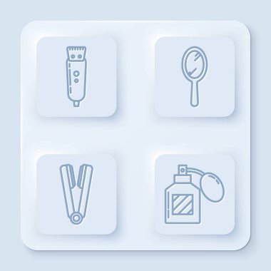 Tıraş makinesi, el aynası, saç maşası ve tıraş losyonu için saç maşası. Beyaz kare düğme. Vektör