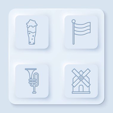 Bir bardak bira, Ulusal Almanya bayrağı, müzik aleti trompeti ve yel değirmeni. Beyaz kare düğme. Vektör