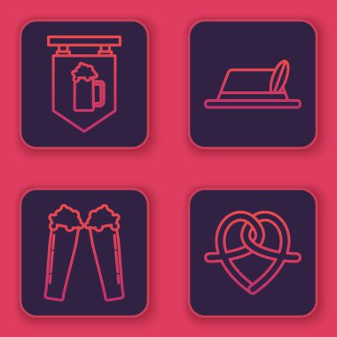 Bir bardak bira, bir bardak bira, Oktoberfest şapkası ve simit ile sokak tabelasını dizin. Mavi kare düğme. Vektör