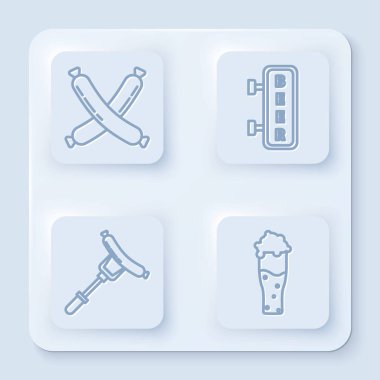 Çizgiyi aşmış sosis, üzerinde yazı olan sokak tabelası çatalda sosis ve bir bardak bira. Beyaz kare düğme. Vektör